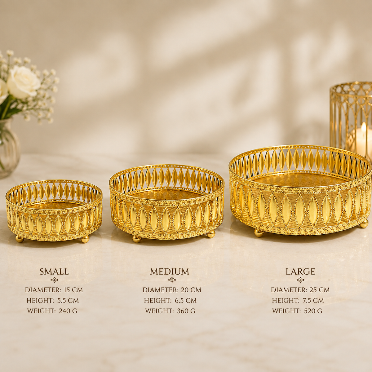 Golden Decorative Serving Tray Set of 3 | Premium Metal Fruit Basket | Dry Fruit Bowl | Wedding Gift | Festive Home Decor | Elegant Centerpiece
