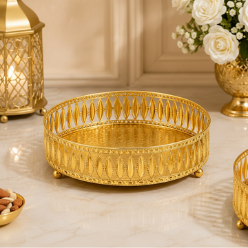 Golden Decorative Serving Tray Set of 3 | Premium Metal Fruit Basket | Dry Fruit Bowl | Wedding Gift | Festive Home Decor | Elegant Centerpiece