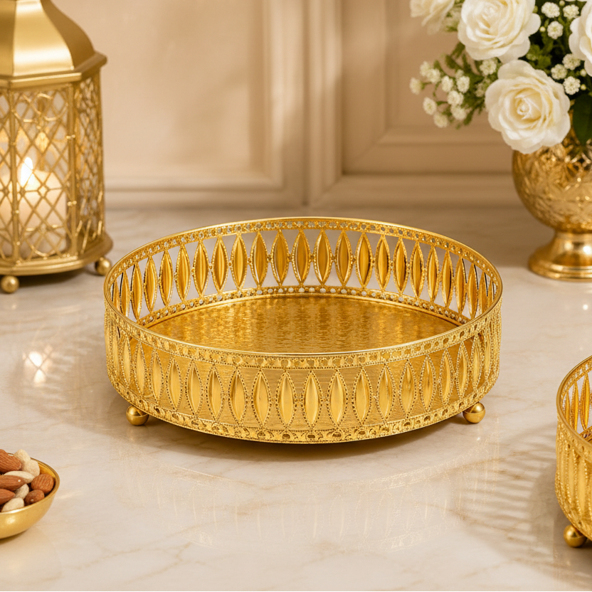 Golden Decorative Serving Tray Set of 3 | Premium Metal Fruit Basket | Dry Fruit Bowl | Wedding Gift | Festive Home Decor | Elegant Centerpiece