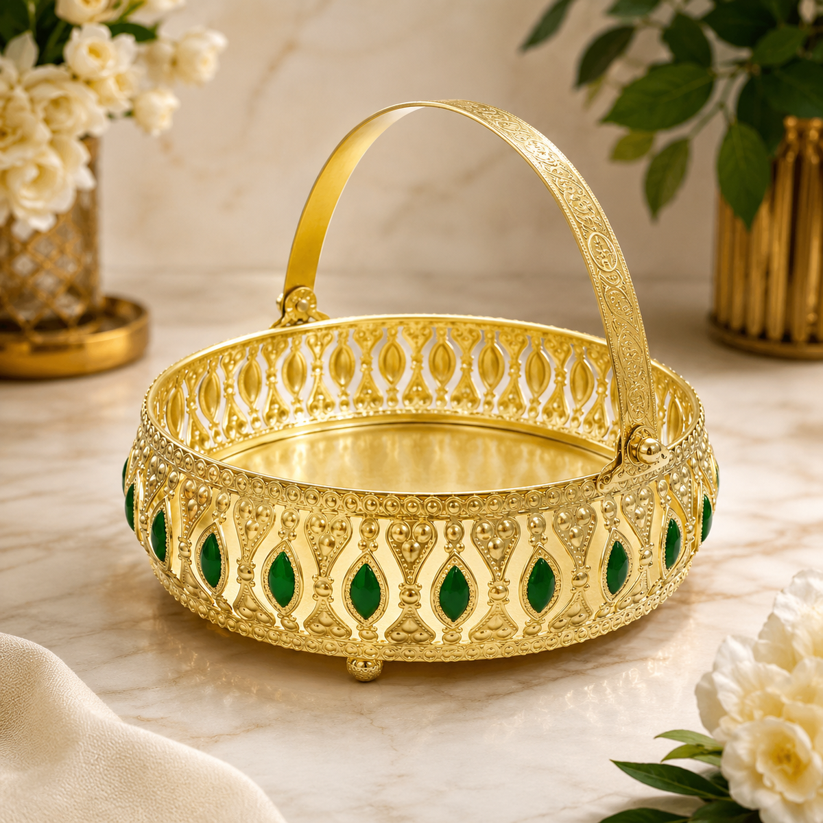 Meena Work Golden Decorative Basket with Elegant Handle & MDF Gift Box | Traditional Serving & Gift Basket | Decorative Home Décor