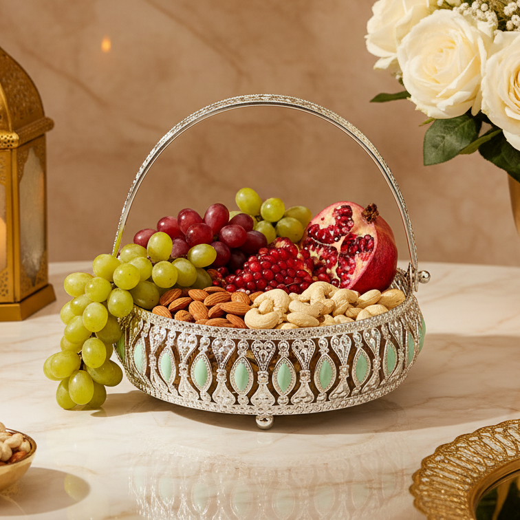Meena Work Silver Green Decorative Basket with Elegant Handle & MDF Gift Box| Traditional Serving & Gift Basket | Decorative Home Décor