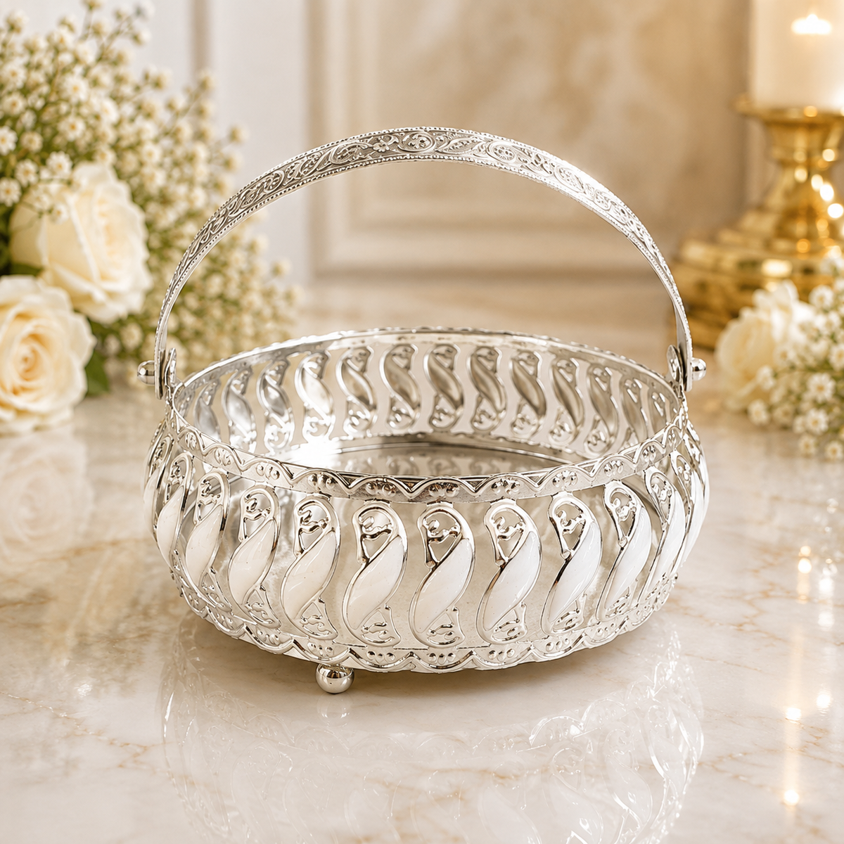 Meena Work Silver White Design Decorative Basket With MDF Gift Box | Handcrafted Traditional Gift & Pooja Basket | Luxury Home Decor