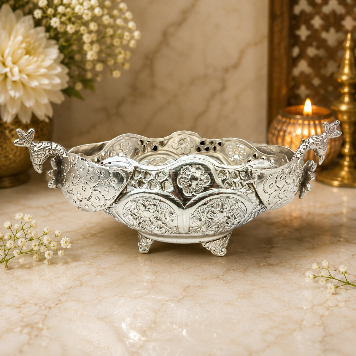 Silver Plated Peacock Boat Shape Bowl | Traditional Indian Floral Urli | Ornate Home Decor Bowl | Luxury Table Centerpiece | Gift