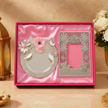 Silver Pooja Thali with Decorative Photo Frame Set | Hindu Temple Decor | Festival Gift | Diwali Puja Plate | Housewarming Gift
