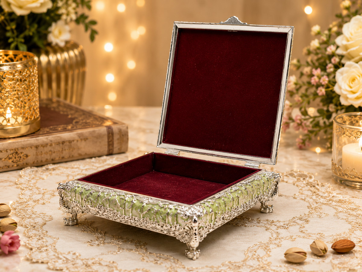 Handcrafted Peacock Dry Fruit Container with velvet blue box – Ethnic German Silver Peacock Set