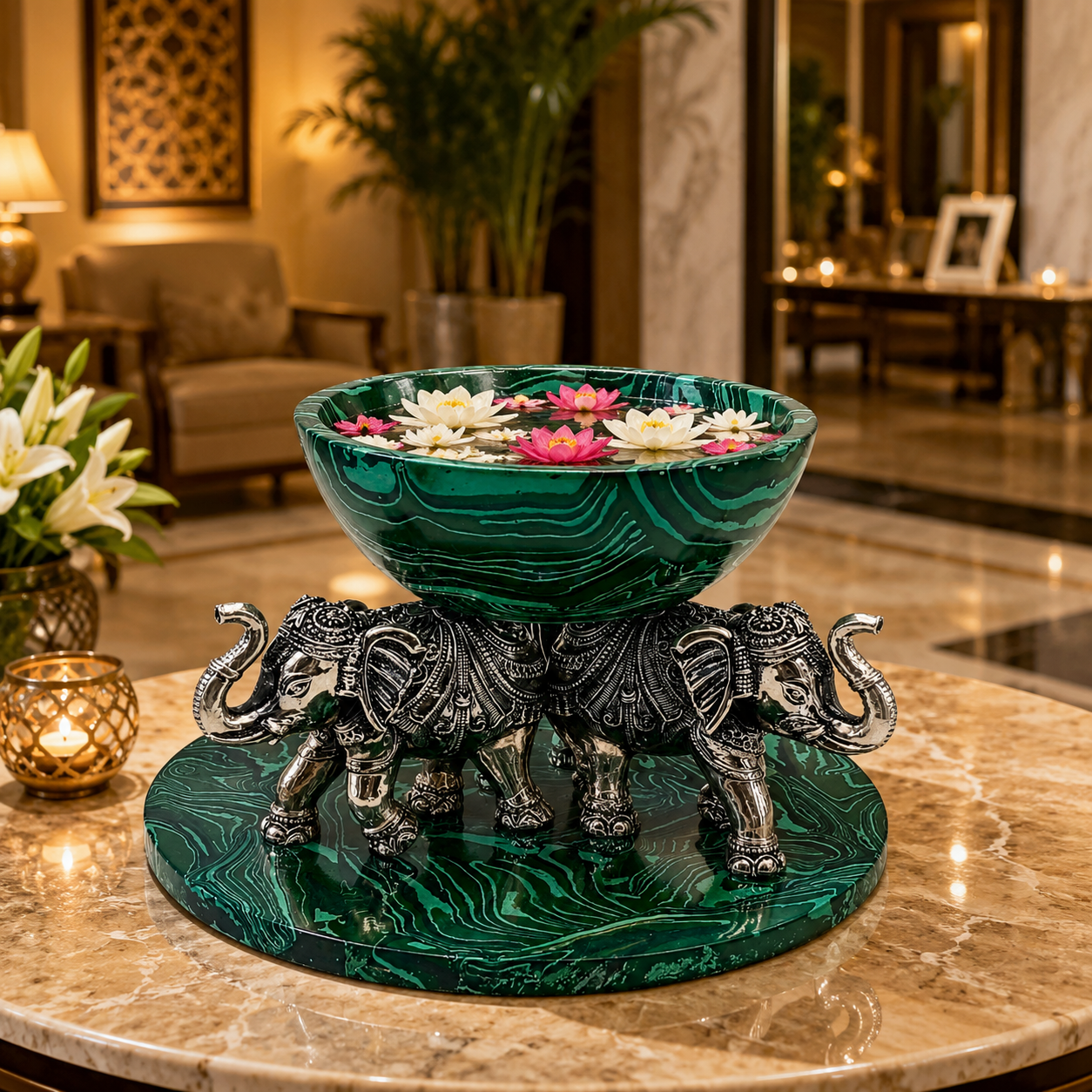 999 Silver Luxury Green Marble Finish Elephant Urli Bowl – Decorative Centerpiece for Home Décor, Floating Flowers & Festive Decoration