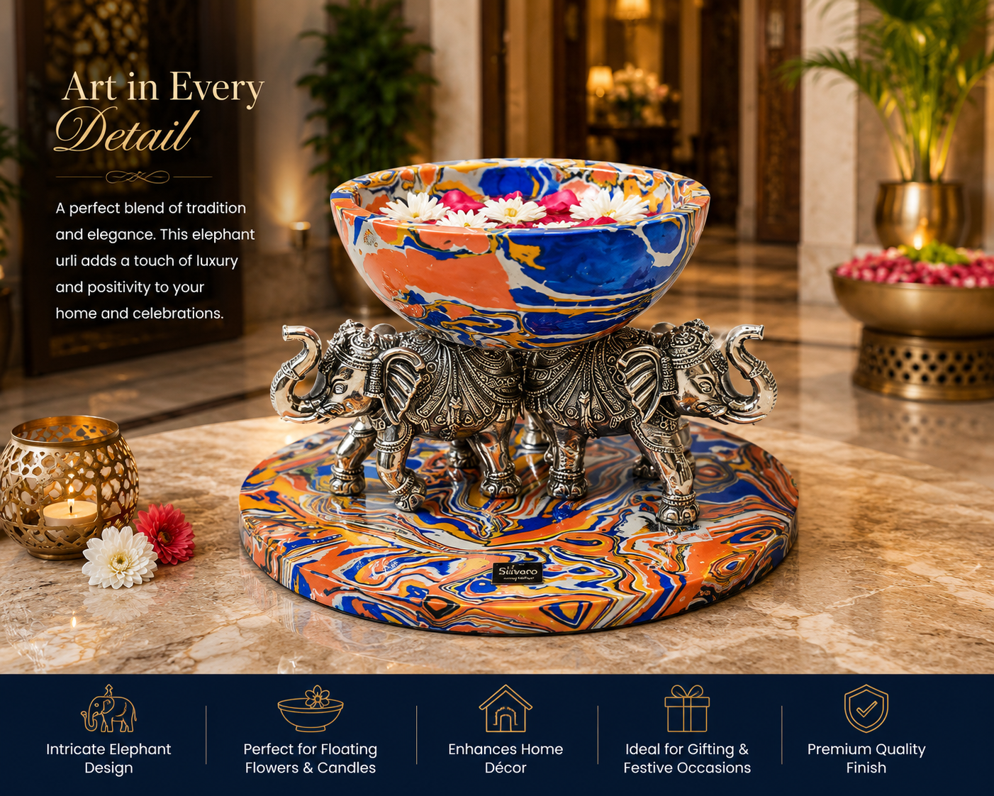 999 Silver Luxury Multy Colour Marble Finish Elephant Urli Bowl – Decorative Centerpiece for Home Décor, Floating Flowers & Festive Decoration