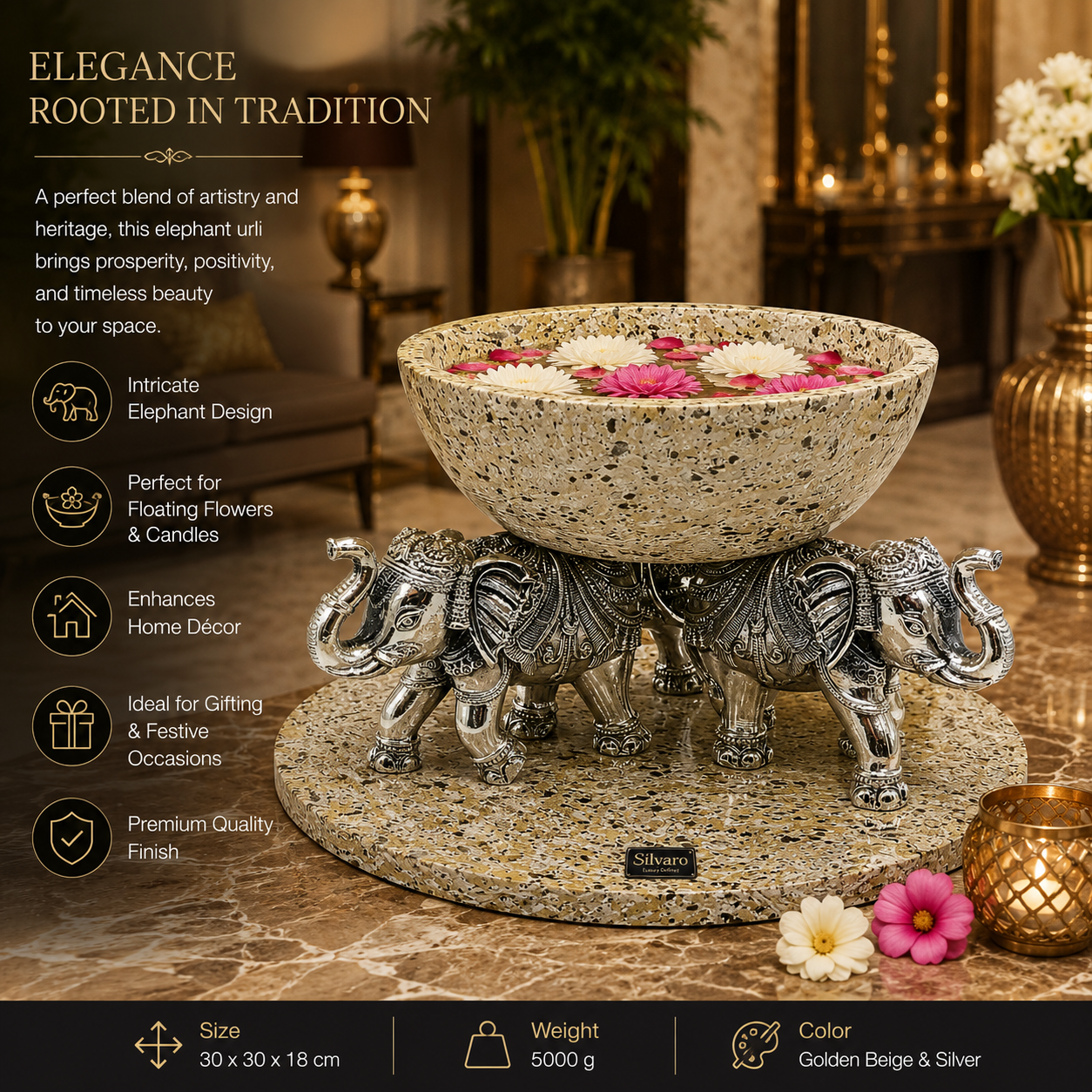 999 Silver Luxury Marble Finish Elephant Urli Bowl – Decorative Centerpiece for Home Décor, Floating Flowers & Festive Decoration