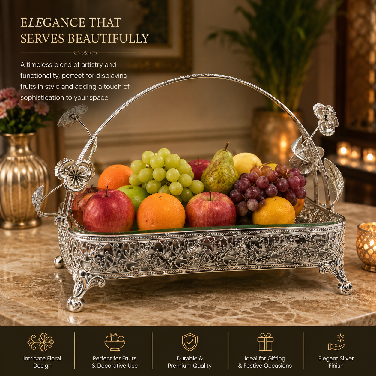 Premium Decorative Glass Serving Basket with Silver Floral Design – 33 × 23 × 22 cm | 1240g | Luxury Fruit & Dry Fruit Tray | Vintage Home Décor Gift