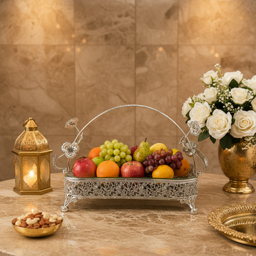 Premium Decorative Glass Serving Basket with Silver Floral Design – 33 × 23 × 22 cm | 1240g | Luxury Fruit & Dry Fruit Tray | Vintage Home Décor Gift