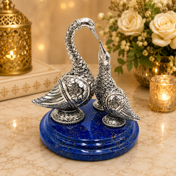 Silver 3 Swan Showpiece on Blue Marble Base | Luxury Decorative Bird Statue | Elegant Home & Office Décor | Handcrafted Gift Item