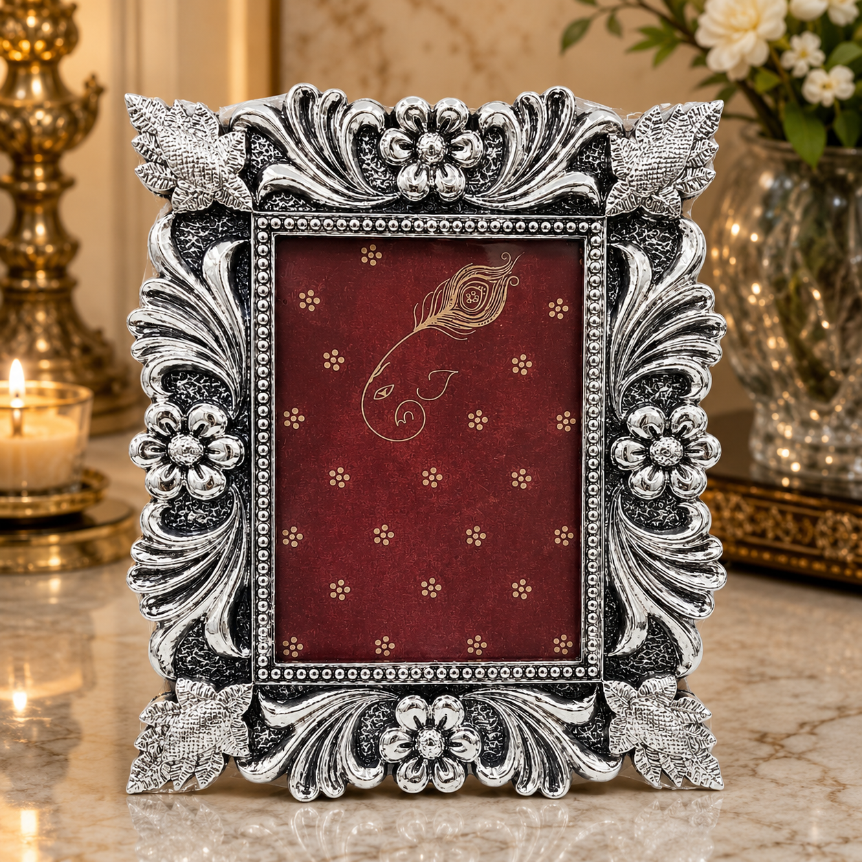 999 Silver Plated Designer Photo Frame | Decorative Floral Picture Frame for Tabletop & Home Décor | Gift Frame for Family Photos