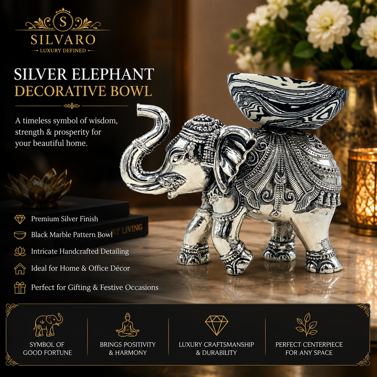 Silver Elephant Decorative Bowl with Black Marble Pattern Bowl | Luxury Home Décor Showpiece | Handcrafted Table Centerpiece