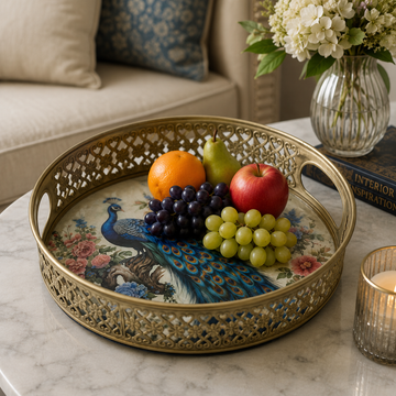 Luxury Peacock Decorative Metal Serving Tray with Floral Art | Gold Finish Round Fruit Tray | Home Decor & Center Table Organizer