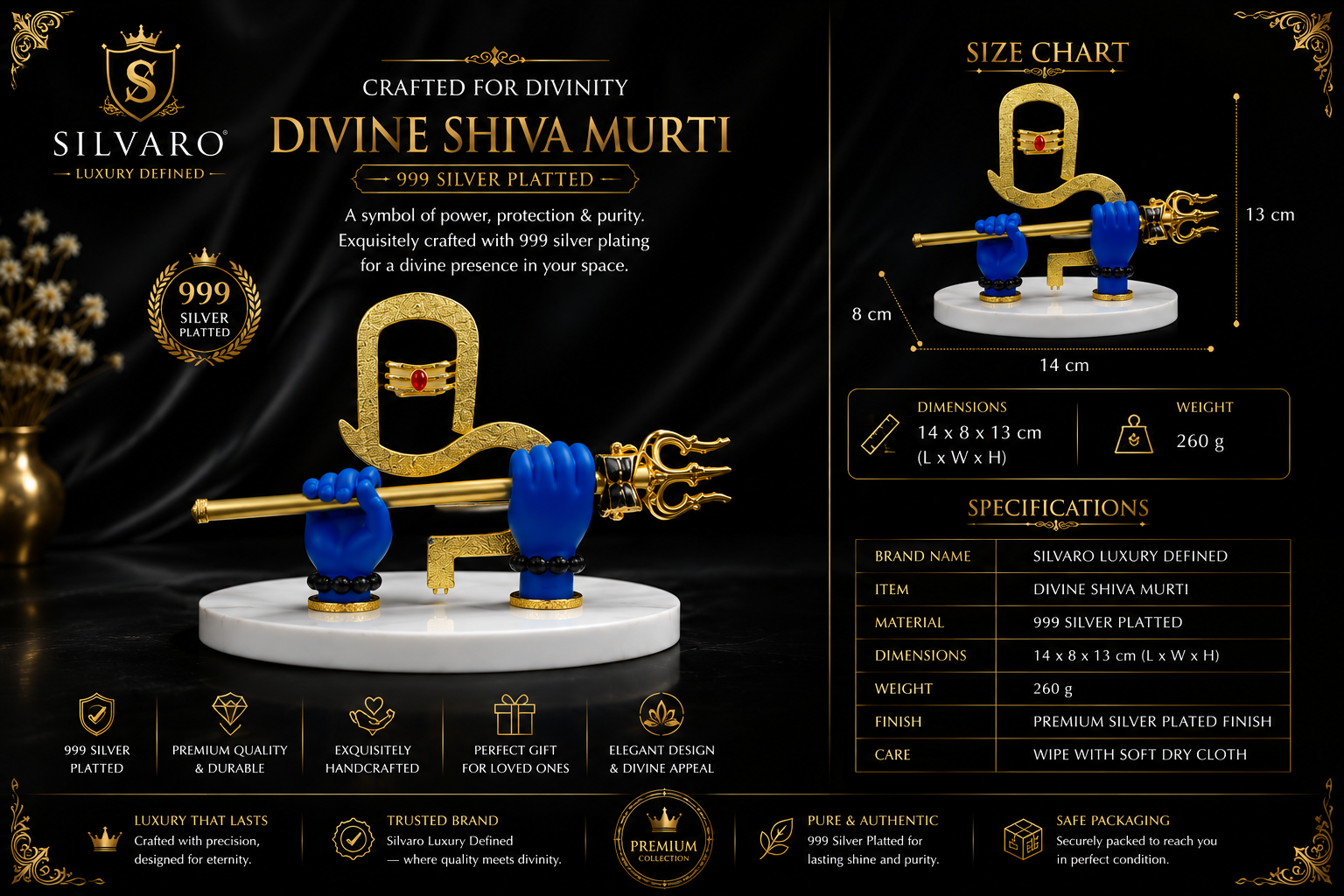 Shiv ji Divine Hands Idol | Gold-Plated Mahadev Hand with Trishul & Damru  Base White Stone