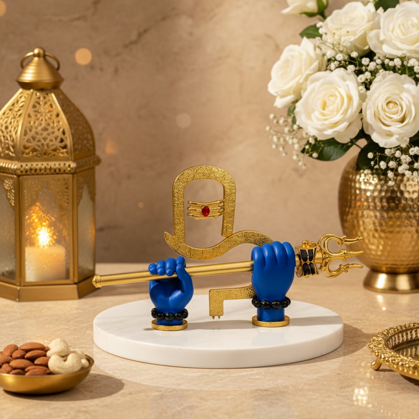 Shiv ji Divine Hands Idol | Gold-Plated Mahadev Hand with Trishul & Damru  Base White Stone