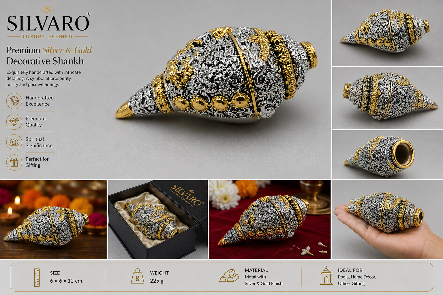 Silver Gold Plated Sankha – 5 Inch Antique Metal Conch