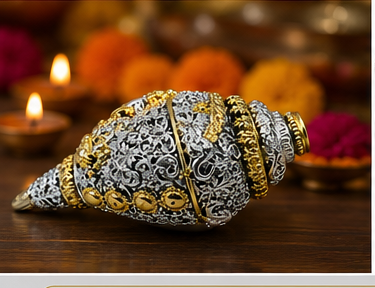 Silver Gold Plated Sankha – 5 Inch Antique Metal Conch