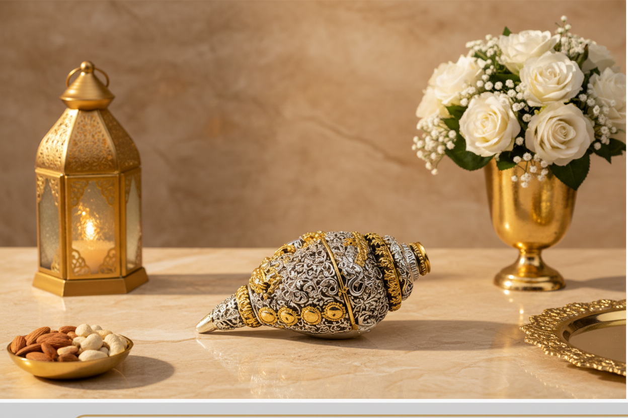 Silver Gold Plated Sankha – 5 Inch Antique Metal Conch