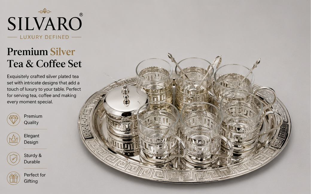 Kahwa Set Silver Plated Cup Set of 6 with Silver Plated Tray and Silver Plated Sugar Pot Ideal Gifts for Diwali, Christmas, Birthday Kawa Set