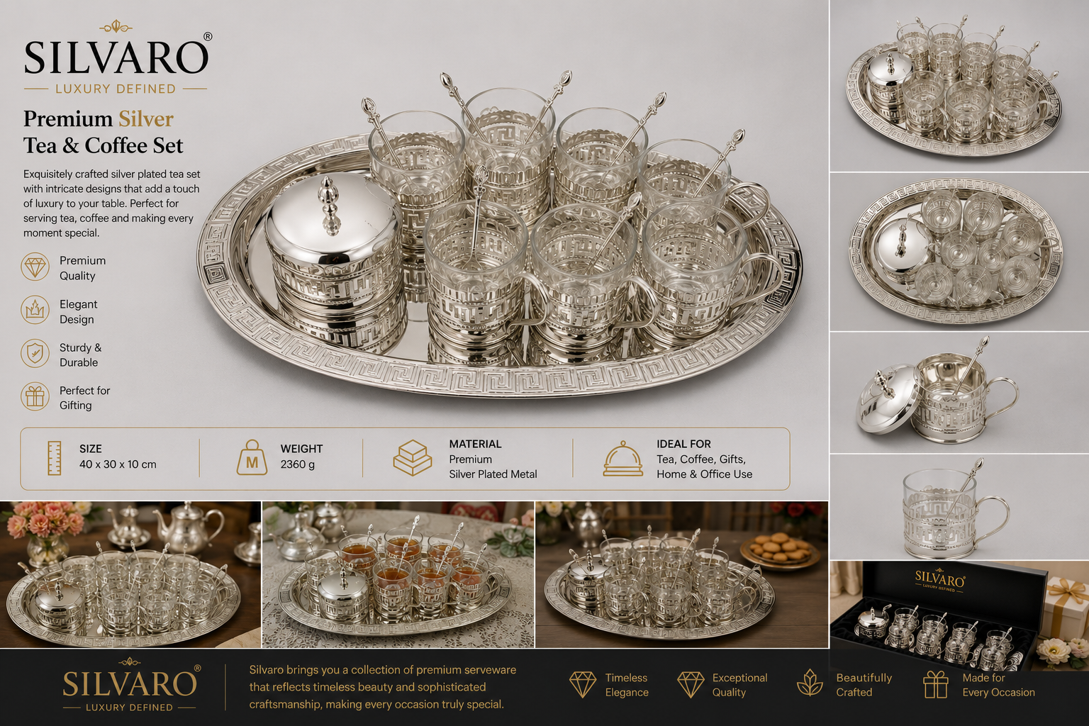 Kahwa Set Silver Plated Cup Set of 6 with Silver Plated Tray and Silver Plated Sugar Pot Ideal Gifts for Diwali, Christmas, Birthday Kawa Set