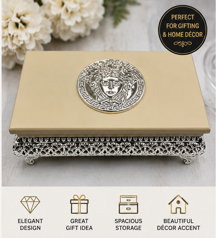 Luxury Style Decorative Wood & Silver Jewelry Box with Silver Medusa-Inspired Design