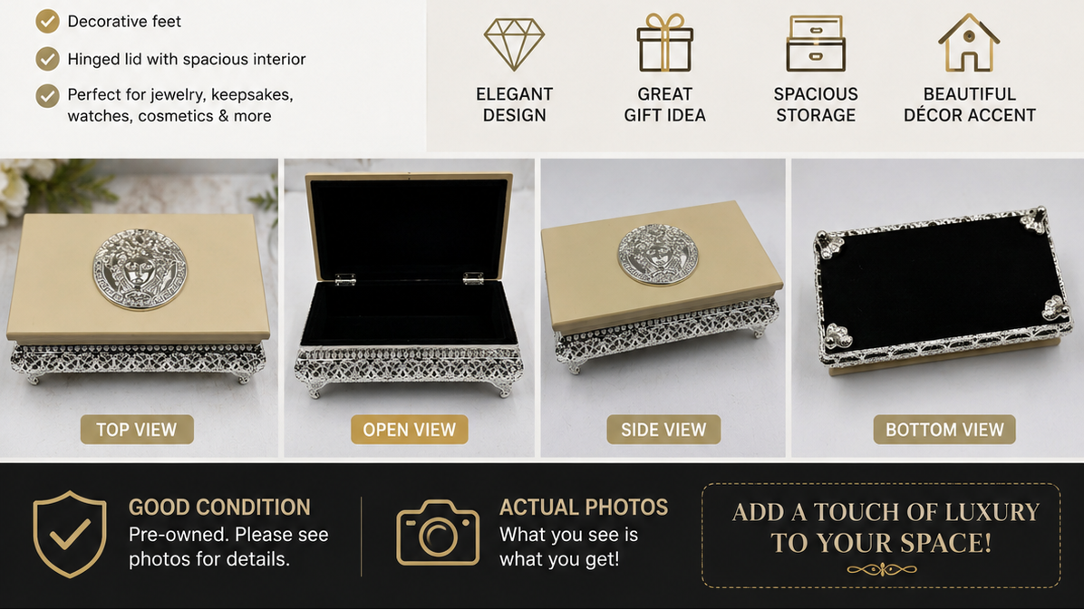 Luxury Style Decorative Wood & Silver Jewelry Box with Silver Medusa-Inspired Design