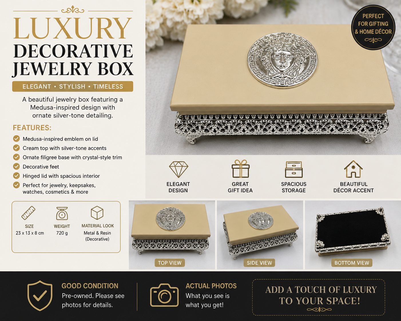 Luxury Style Decorative Wood & Silver Jewelry Box with Silver Medusa-Inspired Design
