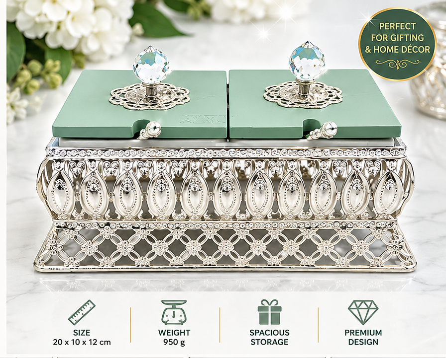 Elegant Dry Fruit Box with Crystal Knobs & Silver Decorative Base