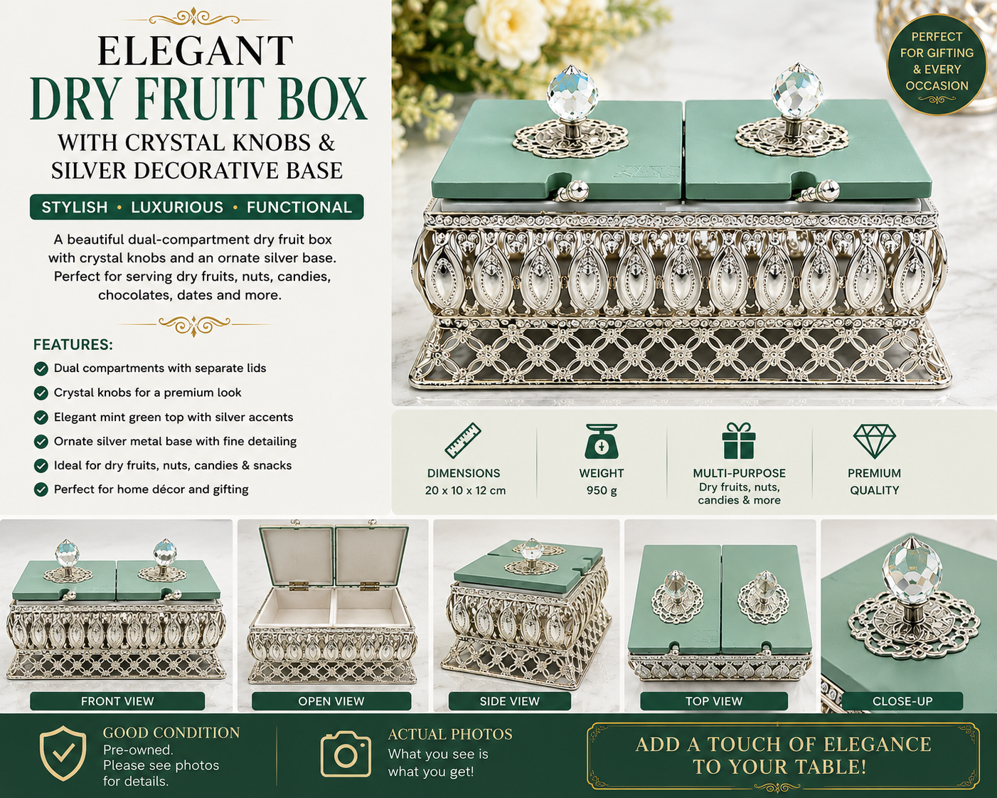 Elegant Dry Fruit Box with Crystal Knobs & Silver Decorative Base