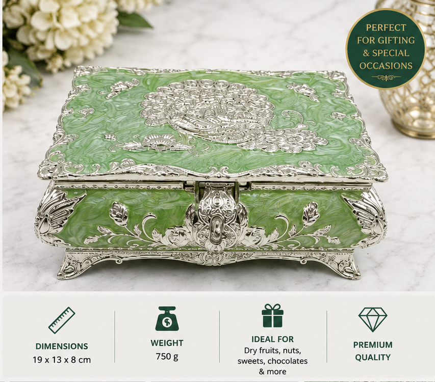 Luxury Green Peacock Embossed Jewelry Box with Silver Finish Size - 19x13x8CM - 750 Gram