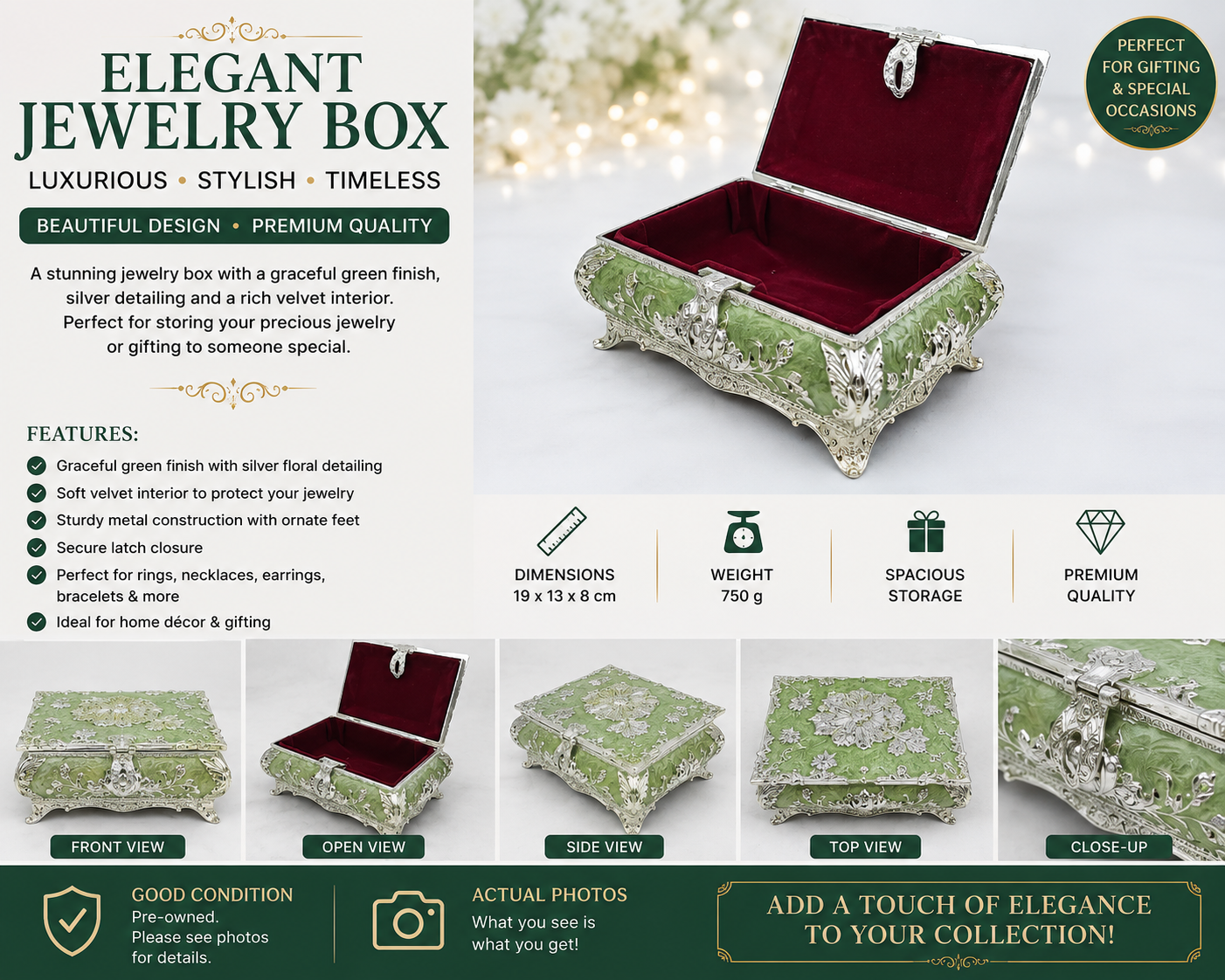 Luxury Green Peacock Embossed Jewelry Box with Silver Finish Size - 19x13x8CM - 750 Gram