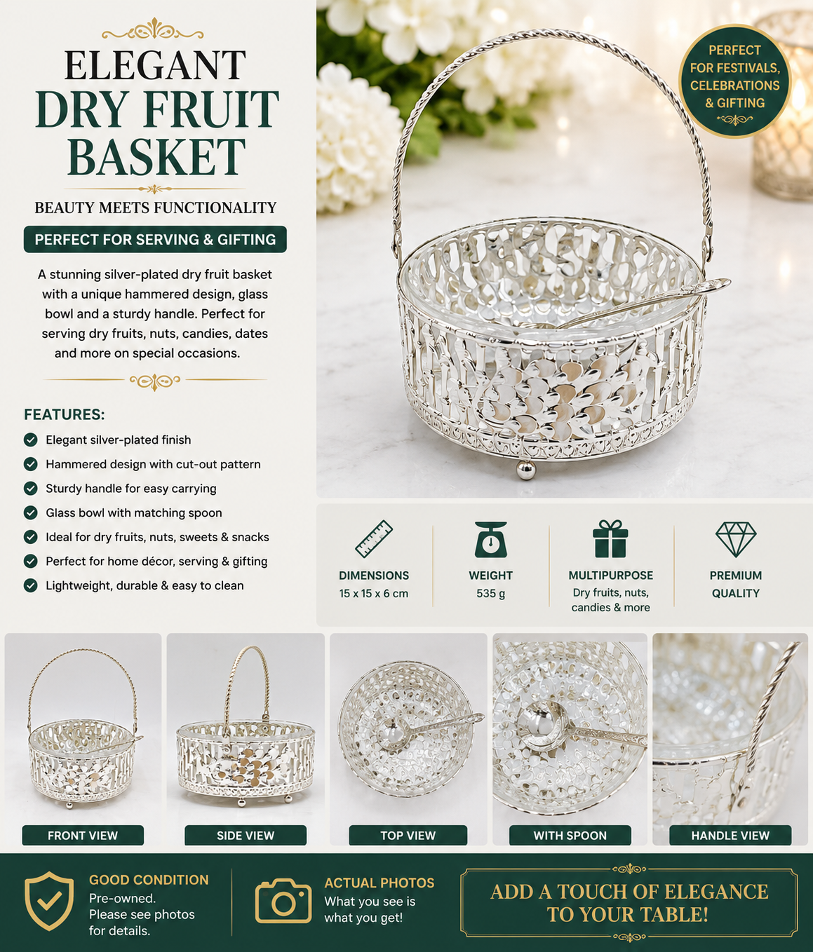 Silver-coated Peacock Design Dry Fruit & Sweet Basket