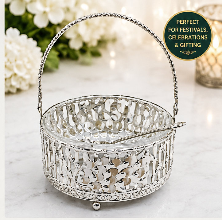 Silver-coated Peacock Design Dry Fruit & Sweet Basket