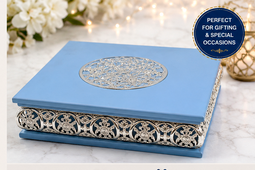 German Silver Wooden Dry Fruit & Jewelry Box 4 Compartments