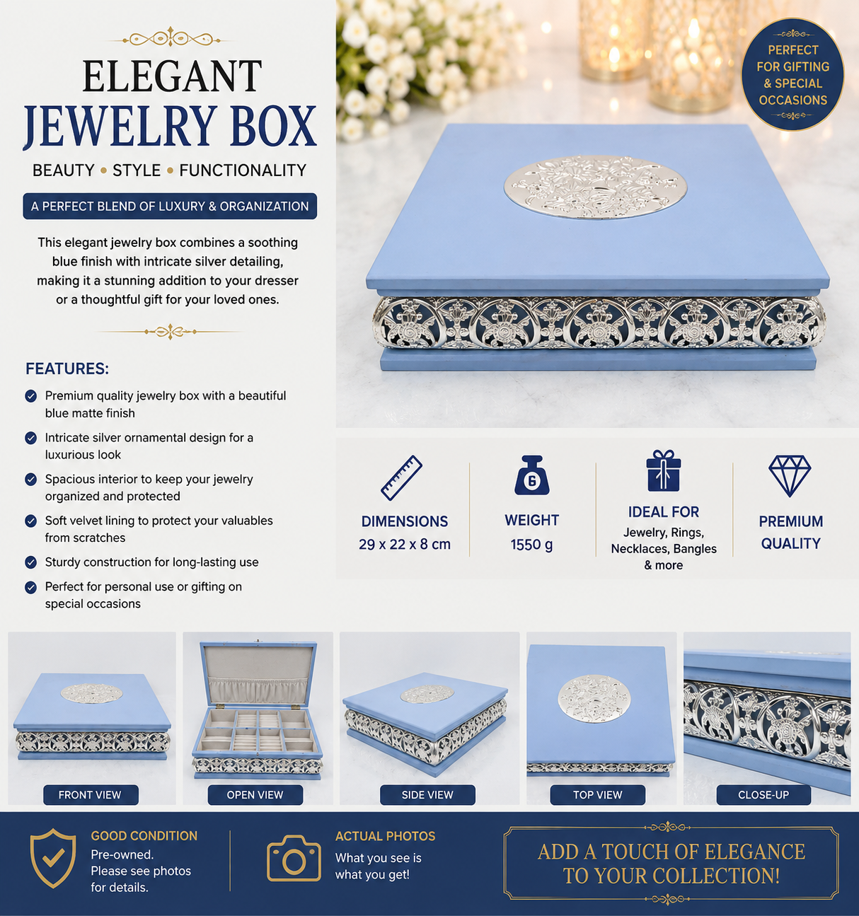 German Silver Wooden Dry Fruit & Jewelry Box 4 Compartments