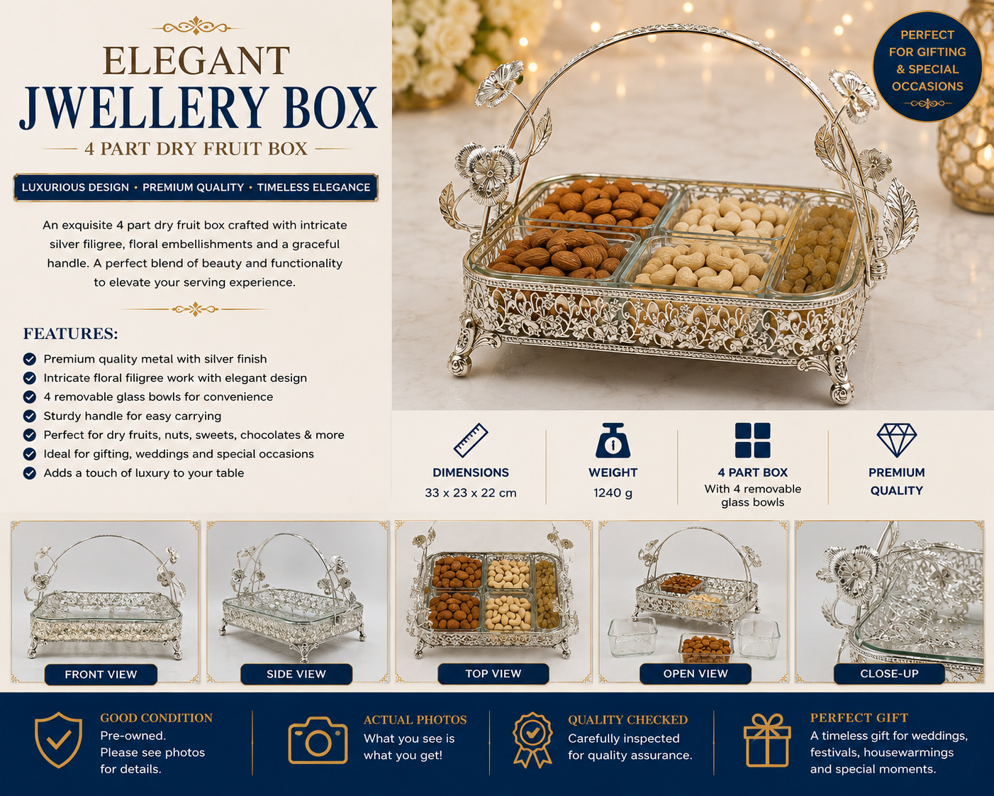 Premium Decorative Glass Serving Basket with Silver Floral Design – 33 × 23 × 22 cm | 1240g | Luxury Fruit & Dry Fruit Tray | Vintage Home Décor Gift