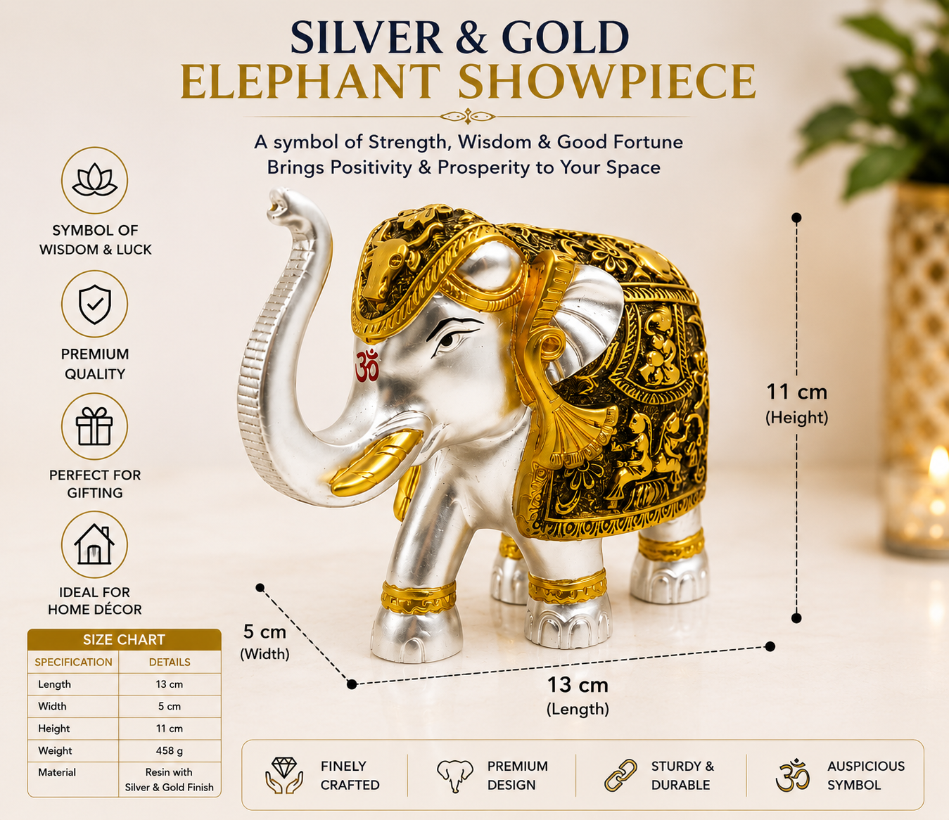 Gold and Silver Glossy Gold Coated Elephant Showpiece