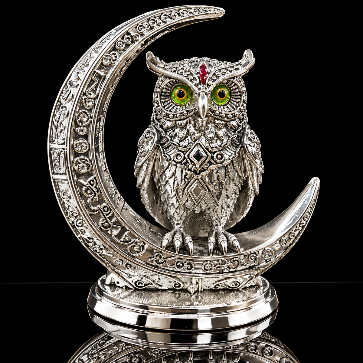 Silver Plated Owl on Crescent Moon Decorative Statue | Elegant Owl Figurine for Home Décor, Office & Gifting