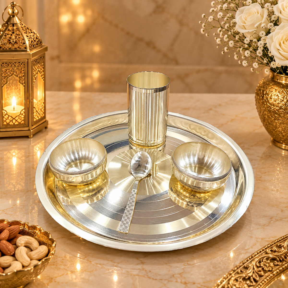 Silver Plated Laddu Gopal Dinner Set with 5 Pcs Bowls, Glass & Spoon | Traditional Indian Puja Thali | Religious Gift