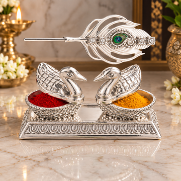 Silver Swan Kumkum & Haldi Pooja Set with Peacock Feather Leaf | Luxury Decorative Pooja Thali Accessory
