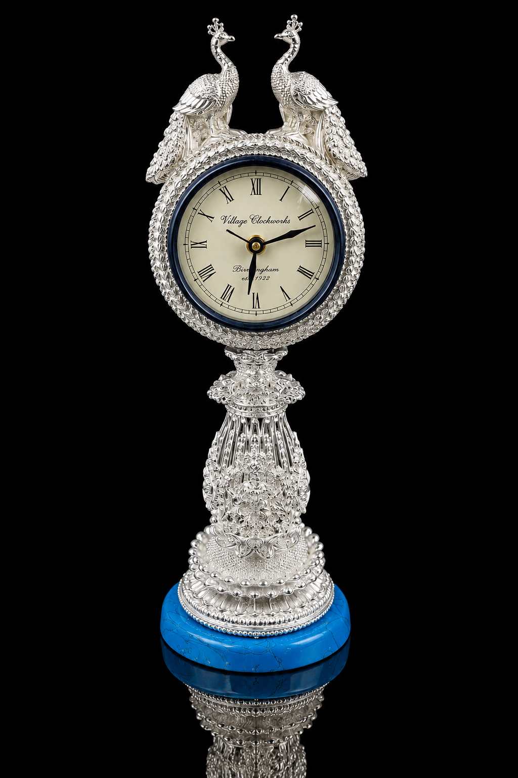 999 Silver Peacock Decorative Table Clock – Elegant Ornate Antique Style