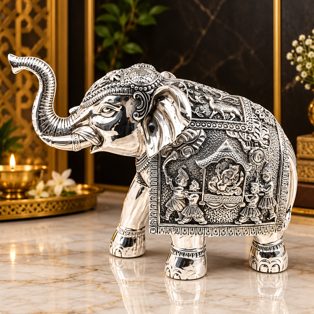 999 Silver Plated Decorative Elephant Statue with Intricate Carving | Luxury Vastu Home Decor & Pooja Showpiece