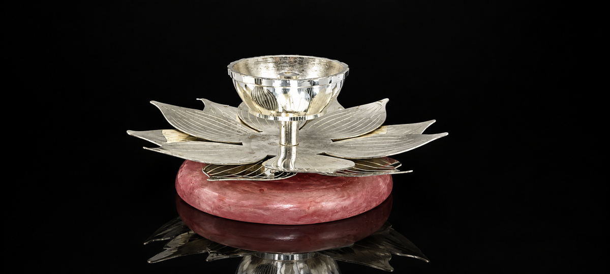 Silver Plated Lotus Diya with Rose Pink Quartz Base for Pooja Decor