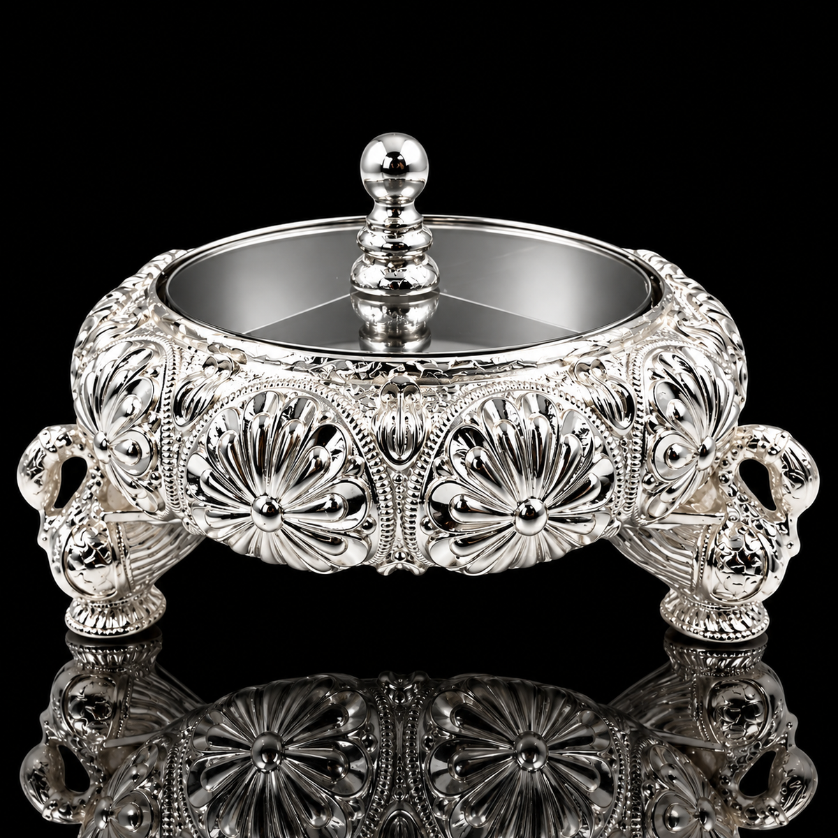 4 Part Dry Fruit Box | Luxury Silver Plated Dry Fruit Serving Bowl | Decorative Gift Box | Premium Tableware | Festive Gifting