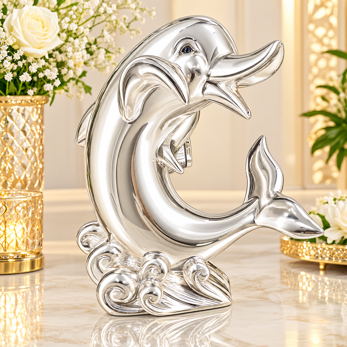 Glossy Silver Gold Platted Dolphin Showpiece Statue, Luxury Decorative Dolphin Figurine, Modern Home Decor, Office Table Decor, Elegant Housewarming Gift