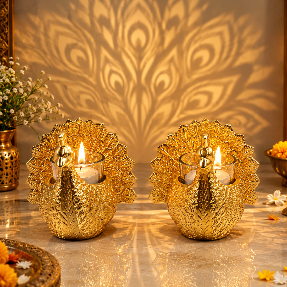 Golden Peacock Candle Holders – Intricate Feather Design, Festive Décor