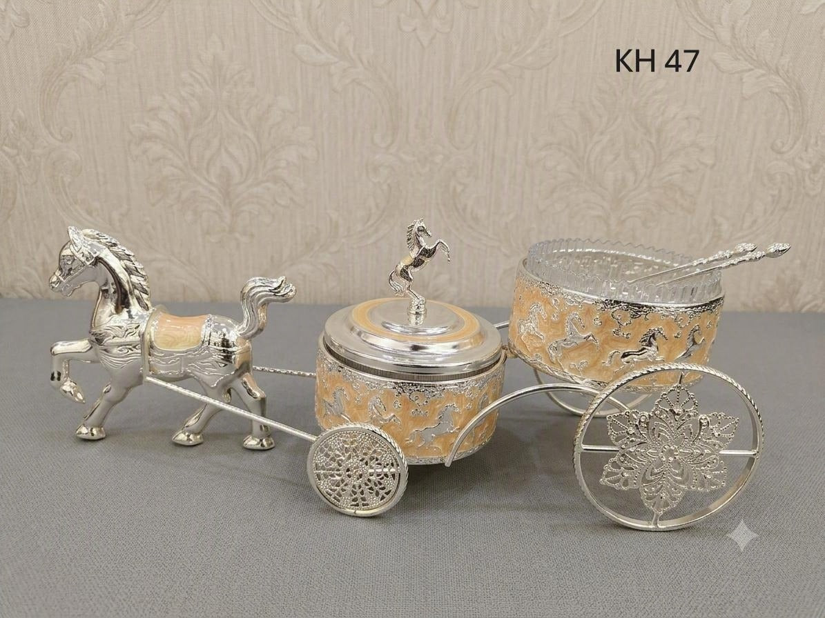 Luxury Horse Cart Dry Fruit Bowl 16 Inch | Silver Plated Royal Dry Fruit Bowl | Decorative Horse Carriage Fruit Bowl | Premium Gift