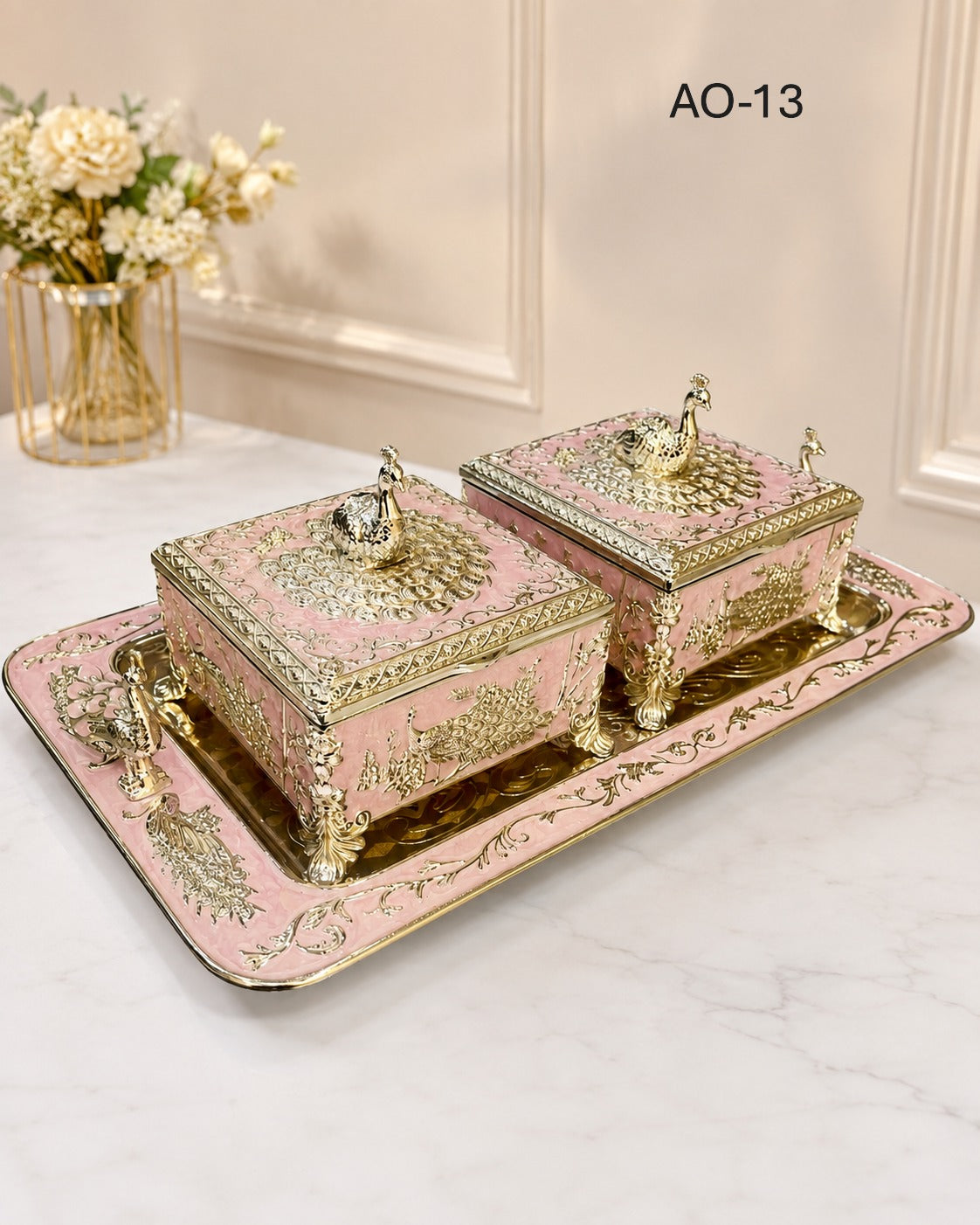 Silver-Plated Square Bowl Set with Tray, Peach & White Decorative Containers, Table Centerpiece & Gift