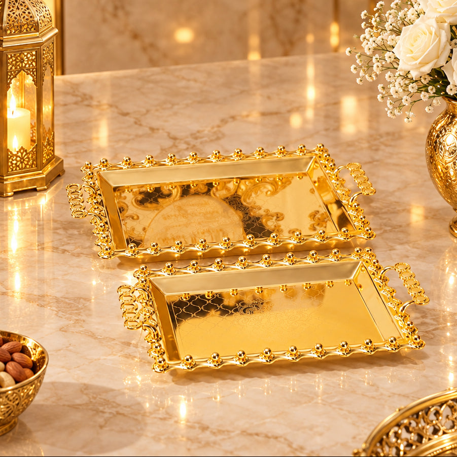 Luxury Gold Plated Decorative Tray Set of 2 | Large & Small Designer Serving Trays | Premium Home Décor & Gifting